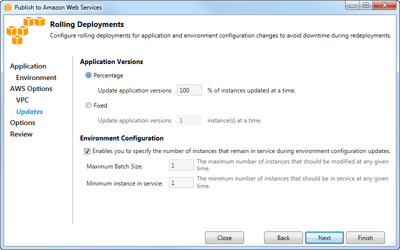 Page de déploiements progressifs avec mises à jour des versions d'applications basées sur des pourcentages et paramètres de taille de lot.