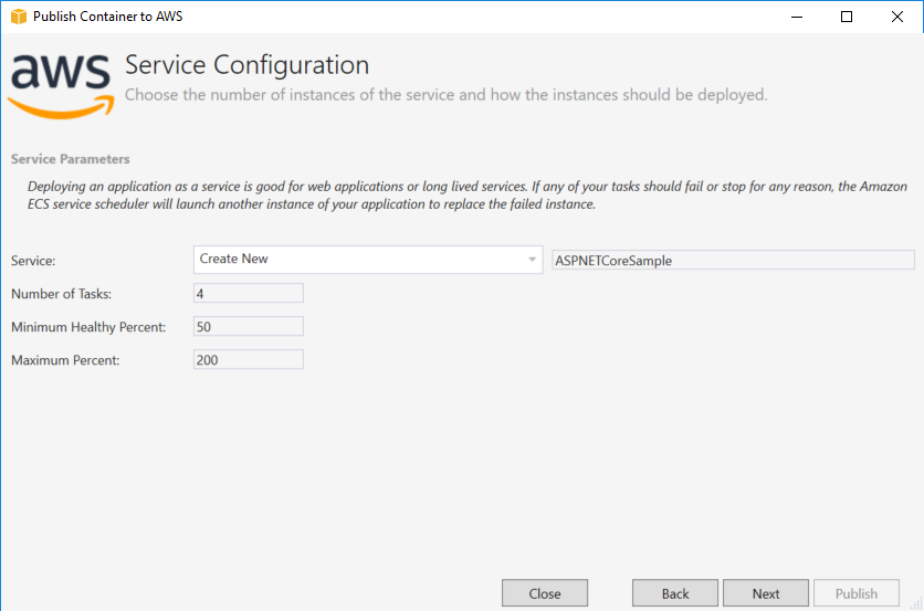 Page de configuration du service avec des champs pour le nombre de tâches, le pourcentage d'intégrité minimal et le pourcentage maximal.