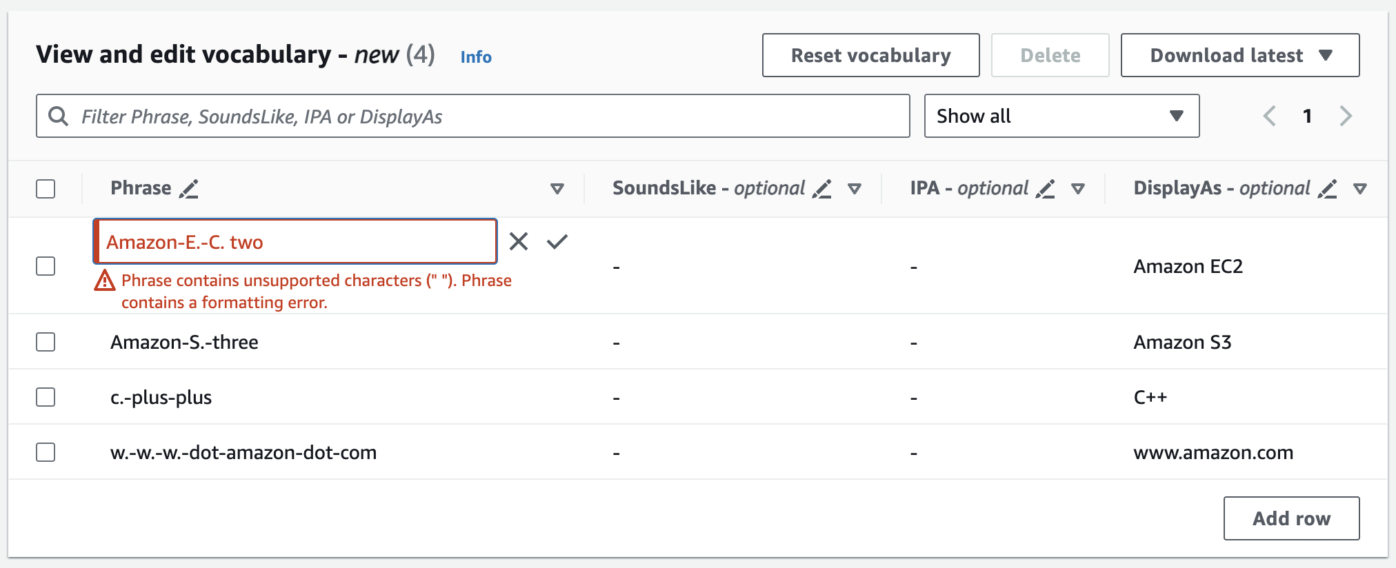Amazon Transcribe capture d'écran de la console : le volet « créer et modifier le vocabulaire ».