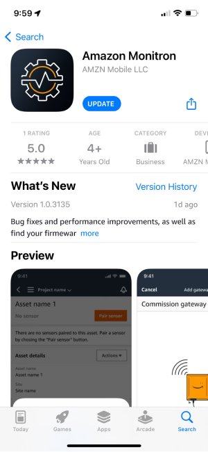 Halaman App Store untuk aplikasi Amazon Monitron seluler yang menampilkan tombol pembaruan dan tangkapan layar pratinjau.