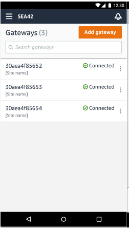 Daftar gateway yang menampilkan tiga gateway yang terhubung dengan pengenal dan placeholder nama situs.
