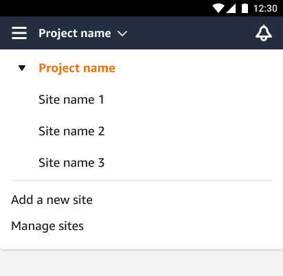 Antarmuka aplikasi seluler yang menampilkan dropdown nama proyek dengan opsi situs dan fitur manajemen.