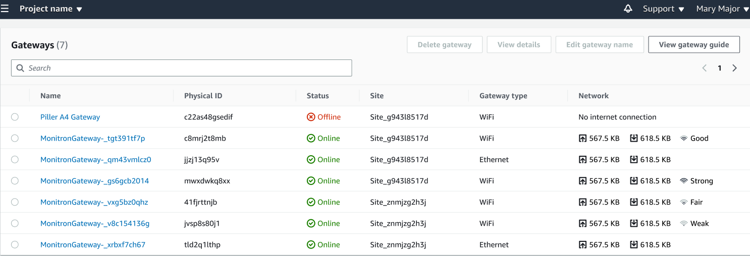 Tabel menampilkan tujuh gateway dengan kolom untuk nama, ID fisik, status, situs, jenis gateway, dan detail jaringan.