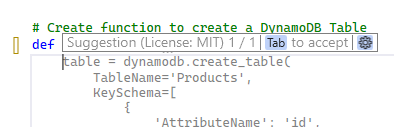 Cuplikan kode menunjukkan fungsi untuk membuat DynamoDB tabel dengan 'Produk' sebagai nama tabel.