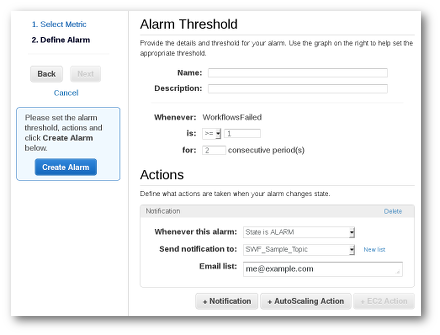 Tentukan layar Alarm yang menampilkan pengaturan ambang batas, periode notifikasi, dan konfigurasi tindakan email.
