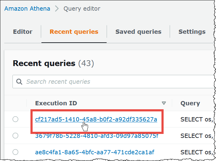 Pilih ID eksekusi kueri untuk melihatnya di editor kueri.