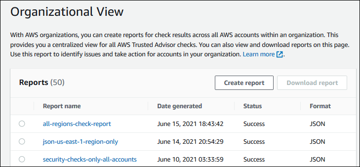 Screenshot dari contoh laporan untuk diunduh Trusted Advisor.