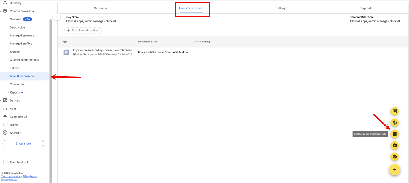 Opsi Tambahkan aplikasi Chrome atau ekstensi berdasarkan ID di navigasi kiri.