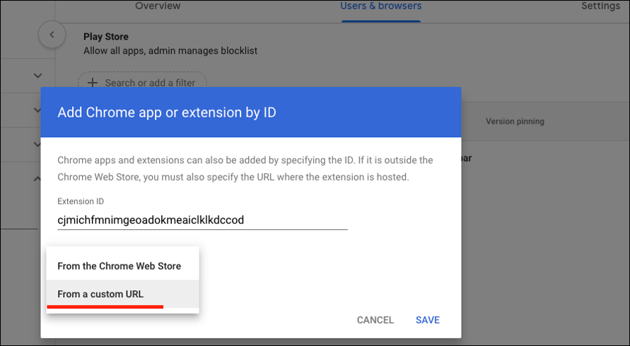 Kotak dialog Add Chrome app atau extension by ID, opsi Dari URL kustom.