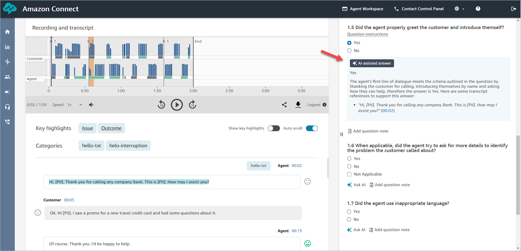 AI-powered Rekomendasi generatif ditampilkan pada evaluasi agen.