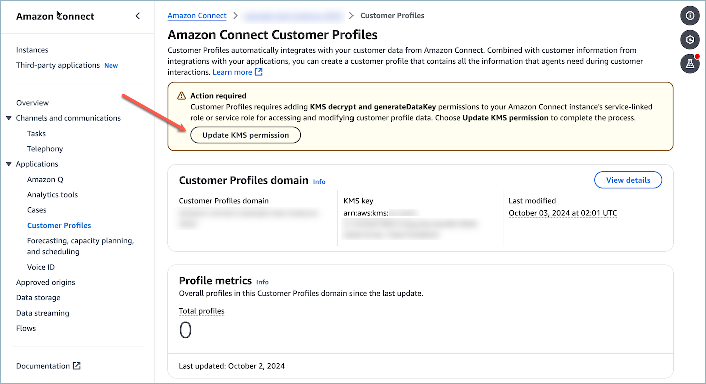 Pilih tombol Perbarui izin KMS untuk memberikan izin KMS bagi peran terkait layanan instans Connect Customer.