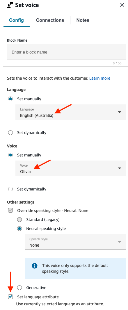 Halaman properti blok suara Set yang dikonfigurasi untuk bahasa Inggris (Australia).