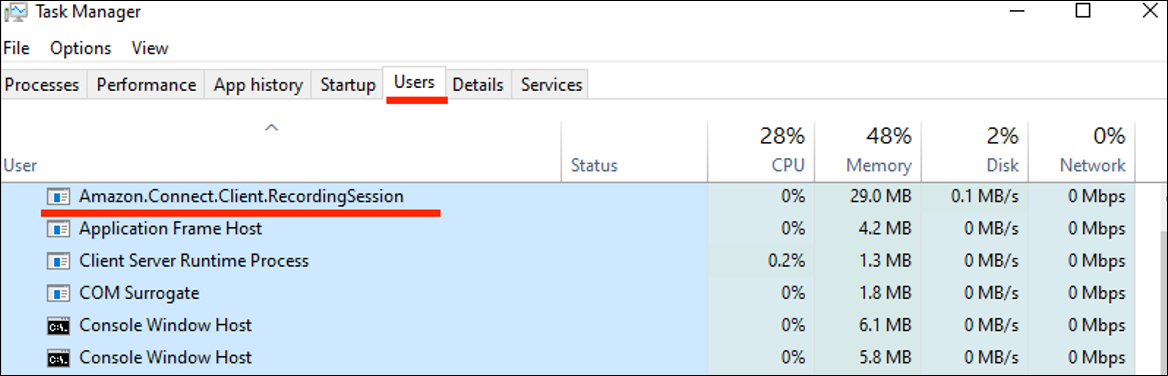 Amazon.Connect.Client.RecordingSession di Task Manager.