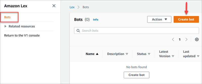 Konsol Amazon Lex, halaman bot, tombol buat bot.