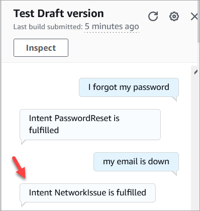 Pesan verifikasi dari Amazon Lex, Intent NetworkIssue terpenuhi.