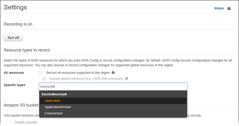 AWS Config halaman pengaturan yang menampilkan daftar jenis sumber daya untuk memilih untuk direkam