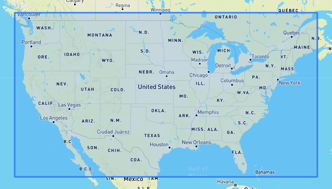 Peta yang menunjukkan Amerika Serikat, sebagian Kanada dan Meksiko dengan batas geografis yang ditandai.