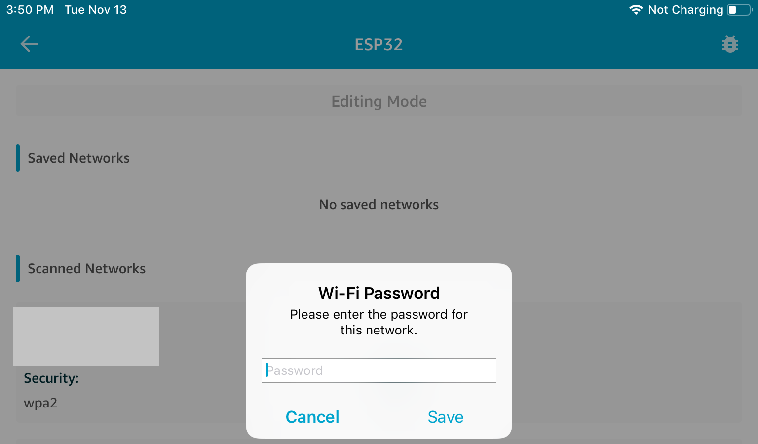 Wi-Fi kotak dialog entri kata sandi jaringan dengan bidang kata sandi kosong, tombol Batal dan Simpan.