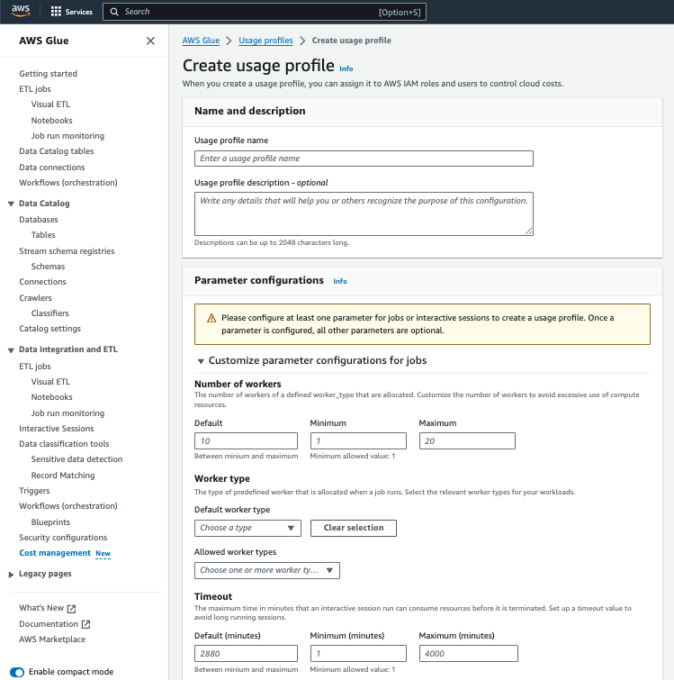 Contoh admin yang membuat profil penggunaan di AWS Glue.