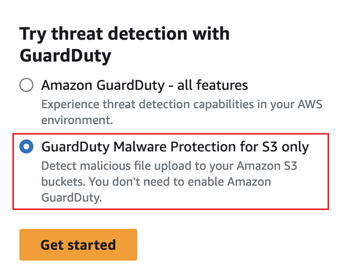 Memilih opsi Perlindungan GuardDuty Malware untuk S3 saja dan kemudian memilih Memulai.