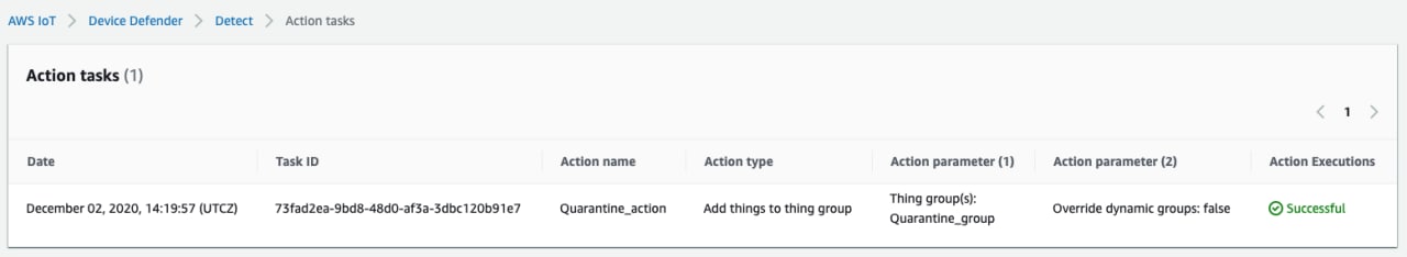 AWS IoT Device Defender Deteksi tabel tugas Tindakan yang menunjukkan satu tindakan karantina untuk menambahkan hal-hal ke grup benda quarantine_group.