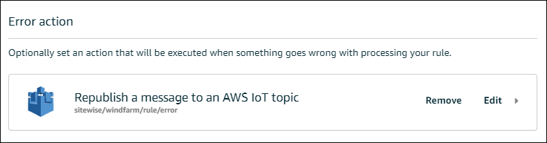 AWS IoT Core Halaman “Aturan” Publikasikan ulang tangkapan layar tindakan kesalahan.