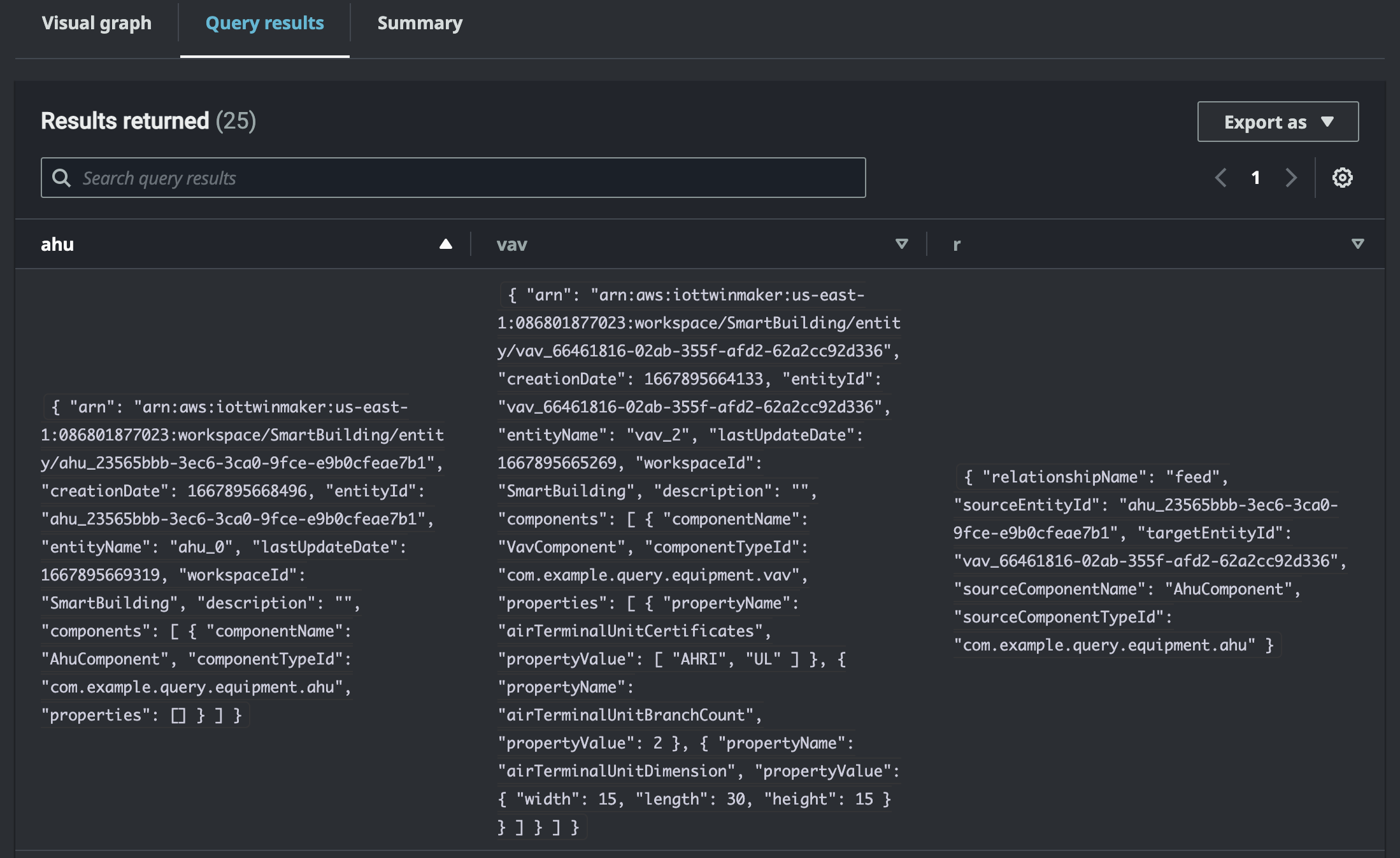 AWS IoT TwinMaker hasil query editor ditampilkan sebagai data tabular.