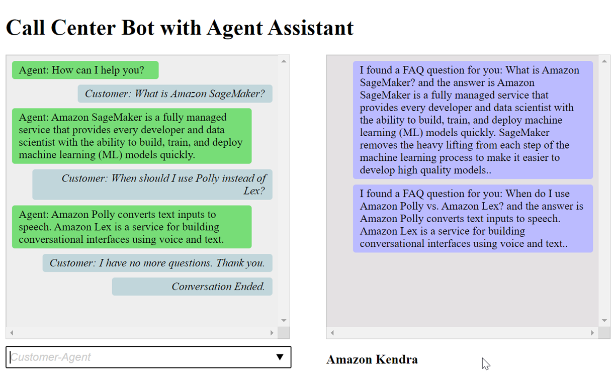 Contoh percakapan antara bot call center dan Asisten Agen.