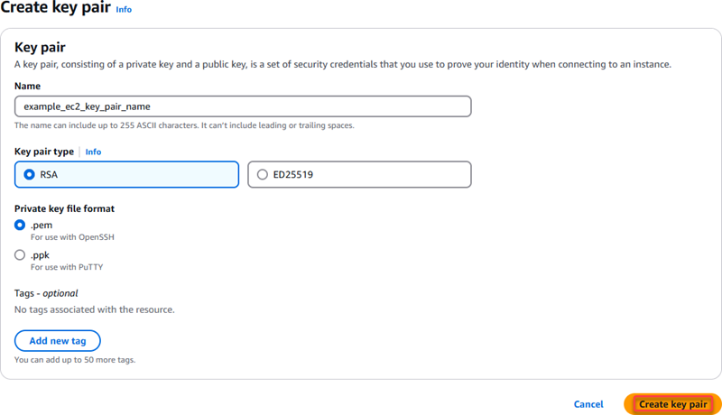 Buat pasangan kunci di konsol Amazon EC2.