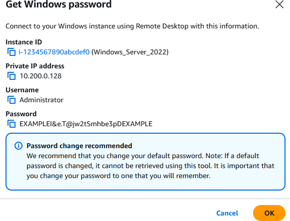 Kata sandi administrator default Windows yang didekripsi di konsol Amazon EC2.