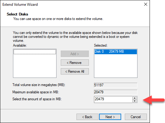 Pilih ruang yang tidak dialokasikan di penuntun Perluas Volume Windows
