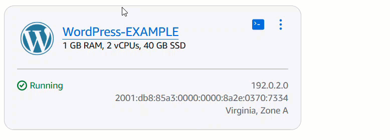 Animasi yang menunjukkan cara menghapus instance dari beranda konsol Lightsail.
