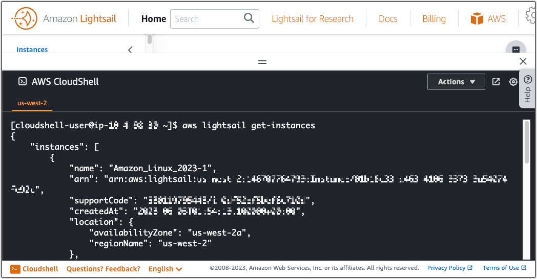 Amazon Lightsail mendapatkan output perintah API instance.