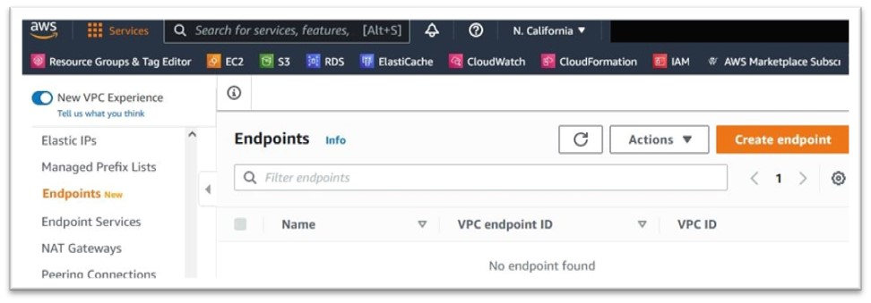 Titik akhir VPC dengan Create Endpoint aktif.