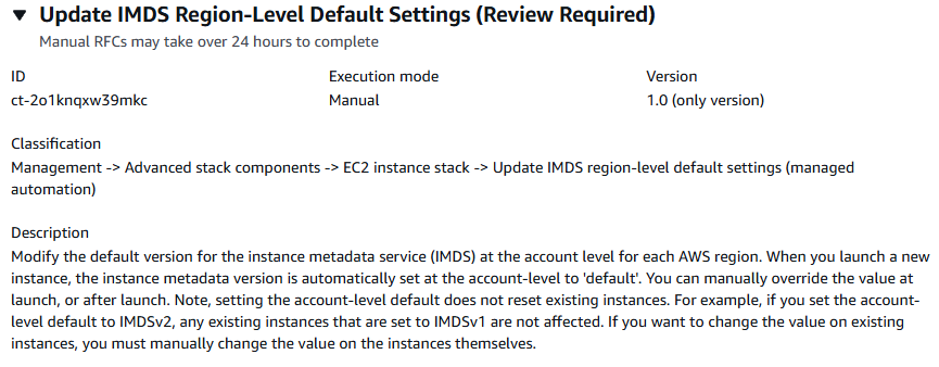 Perbarui Pengaturan Region-Level Default IMDS mengubah detail jenis di AMS konsol.