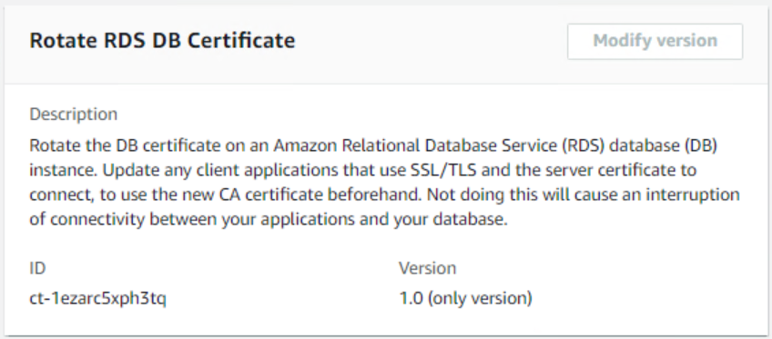 Deskripsi dan detail untuk memutar sertifikat RDS DB, termasuk informasi ID dan versi.