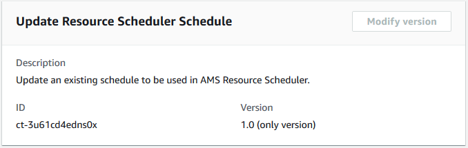 Formulir untuk memperbarui jadwal yang ada di AMS Resource Scheduler, menampilkan kolom ID dan versi.
