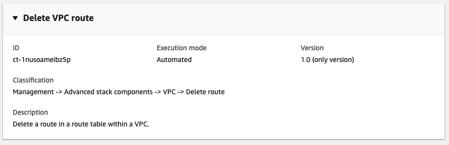 Screenshot dari jenis perubahan rute Hapus VPC di konsol AMS