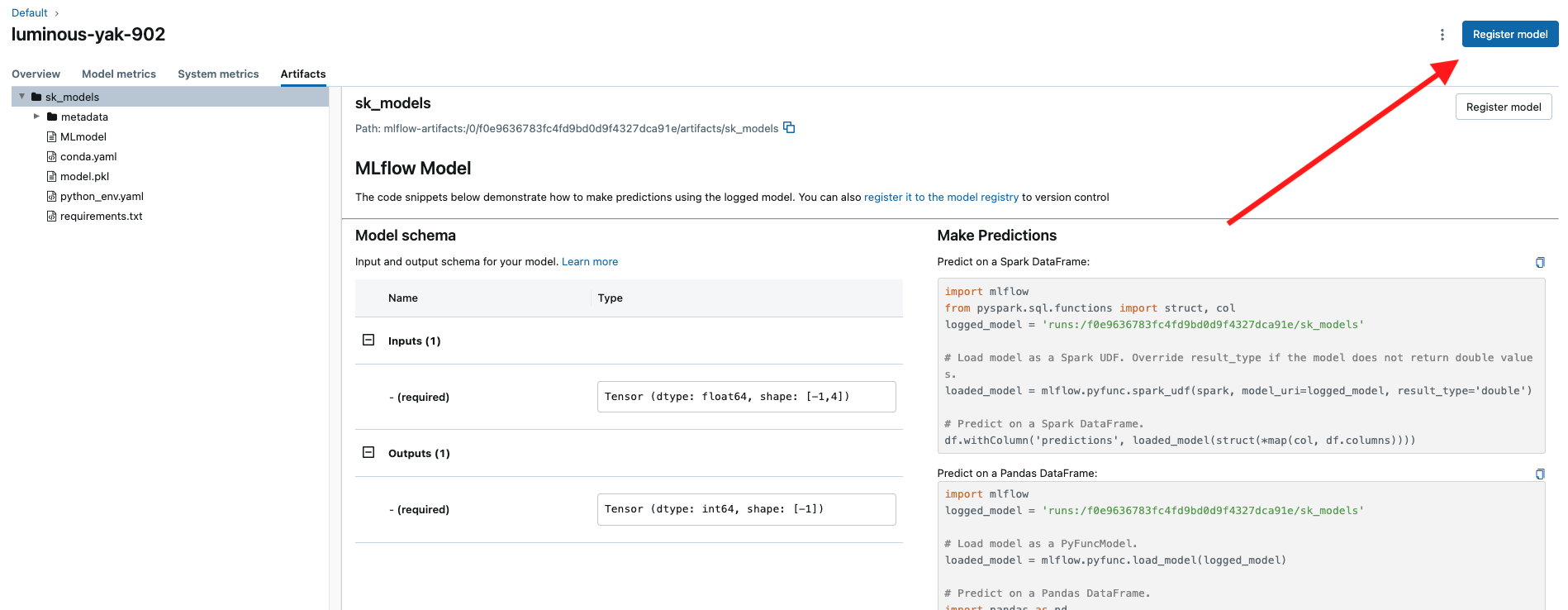Pembuatan registri model dalam UI MLFlow.