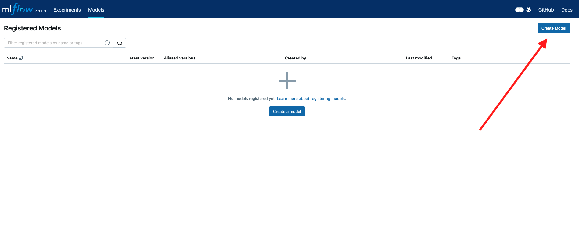 Pembuatan registri model dalam UI MLFlow.