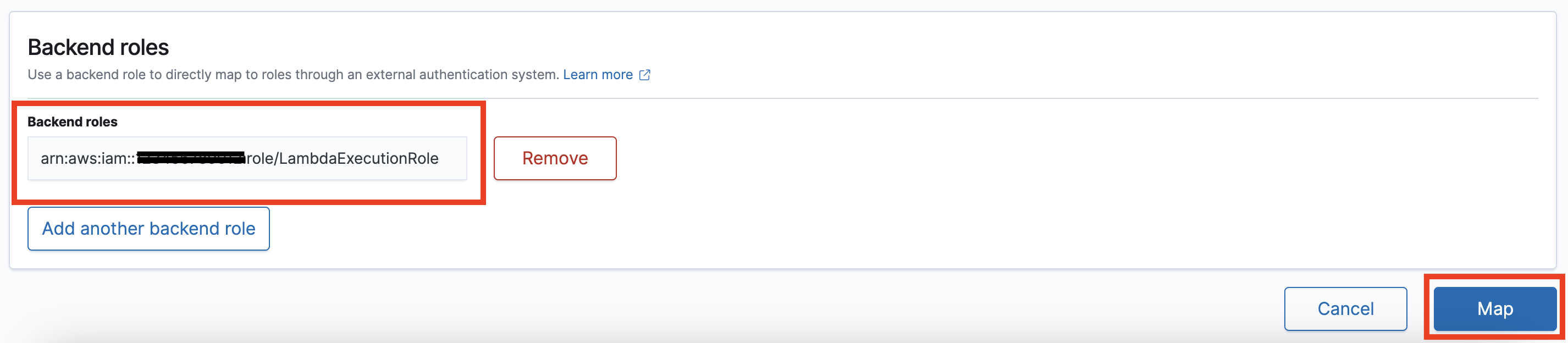 Bagian peran backend menunjukkan peran Lambda eksekusi ARN dengan tombol Hapus dan opsi Peta.