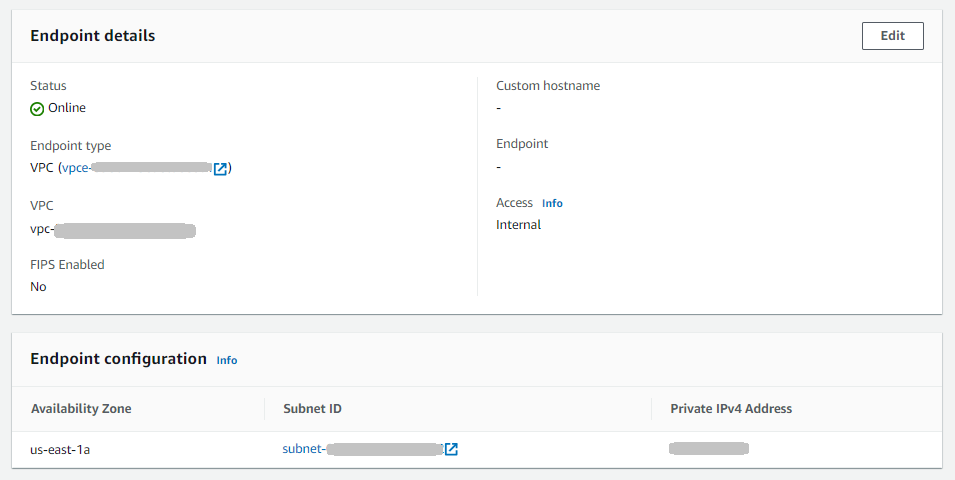 Halaman konsol detail server untuk server AS2 yang menampilkan bagian detail titik akhir.