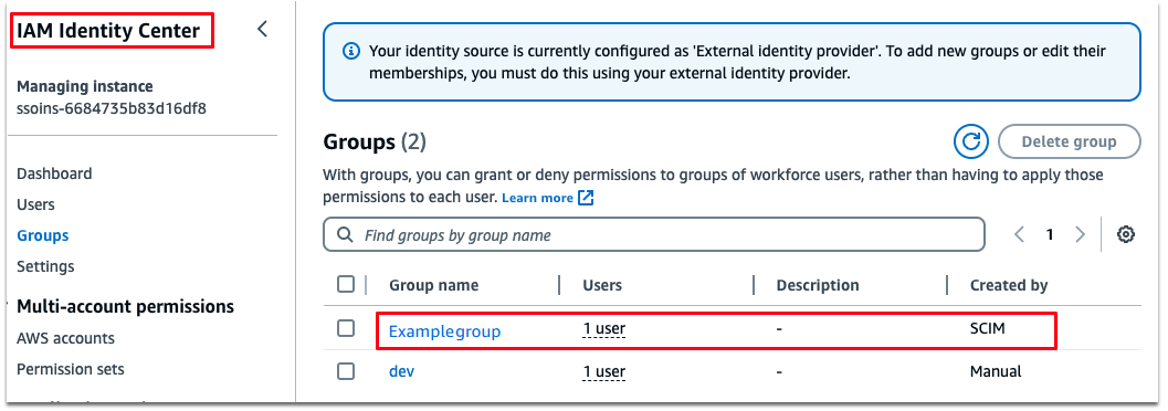 IAM Identity Center menunjukkan contoh grup terintegrasi dari Okta