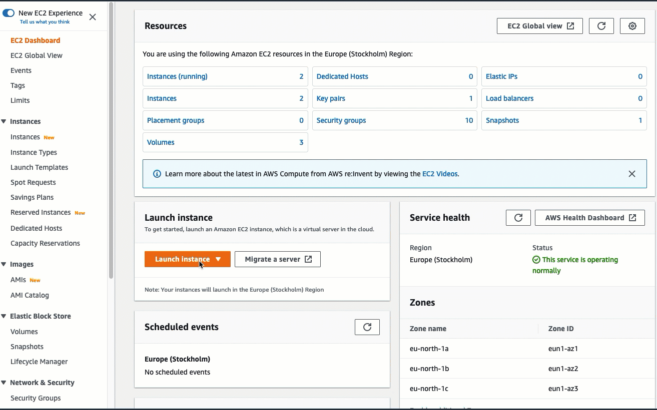 Avvio di un'istanza EC2 nella console EC2.