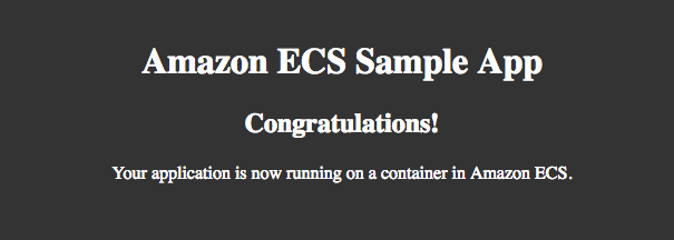 Screenshot dell'applicazione di esempio di Amazon ECS. L'output indica che "La tua applicazione è ora in esecuzione su Amazon ECS".