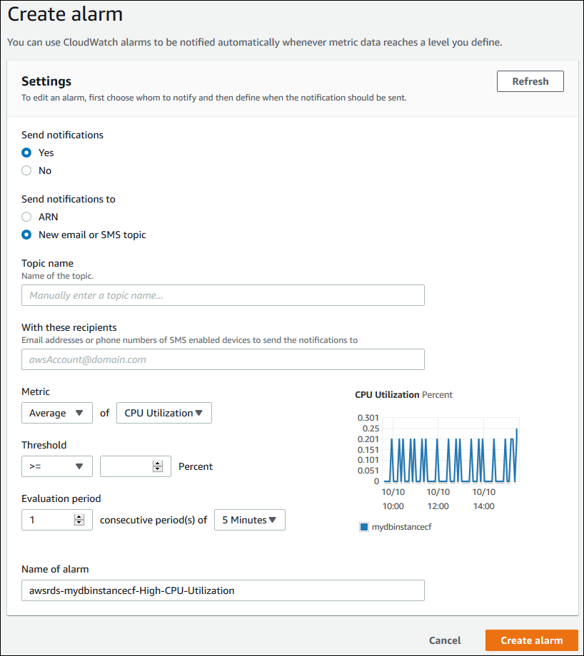 Finestra di dialogo Create Alarm (Crea allarme)