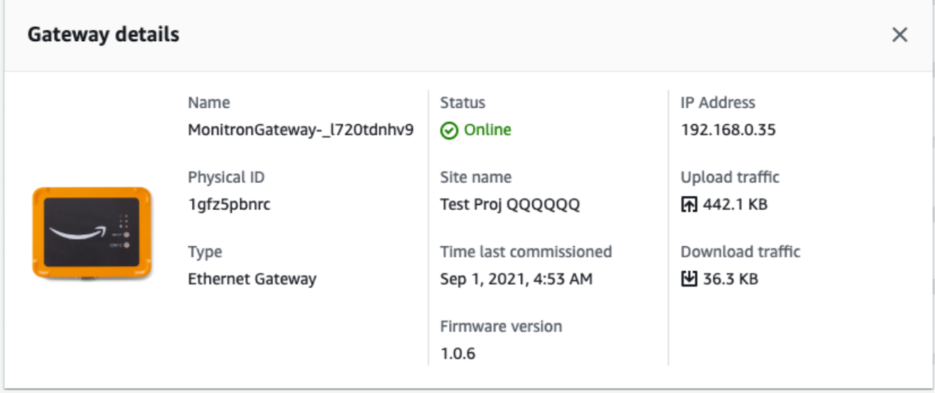 Dettagli del gateway che mostrano nome, stato, indirizzo IP e altre specifiche tecniche.