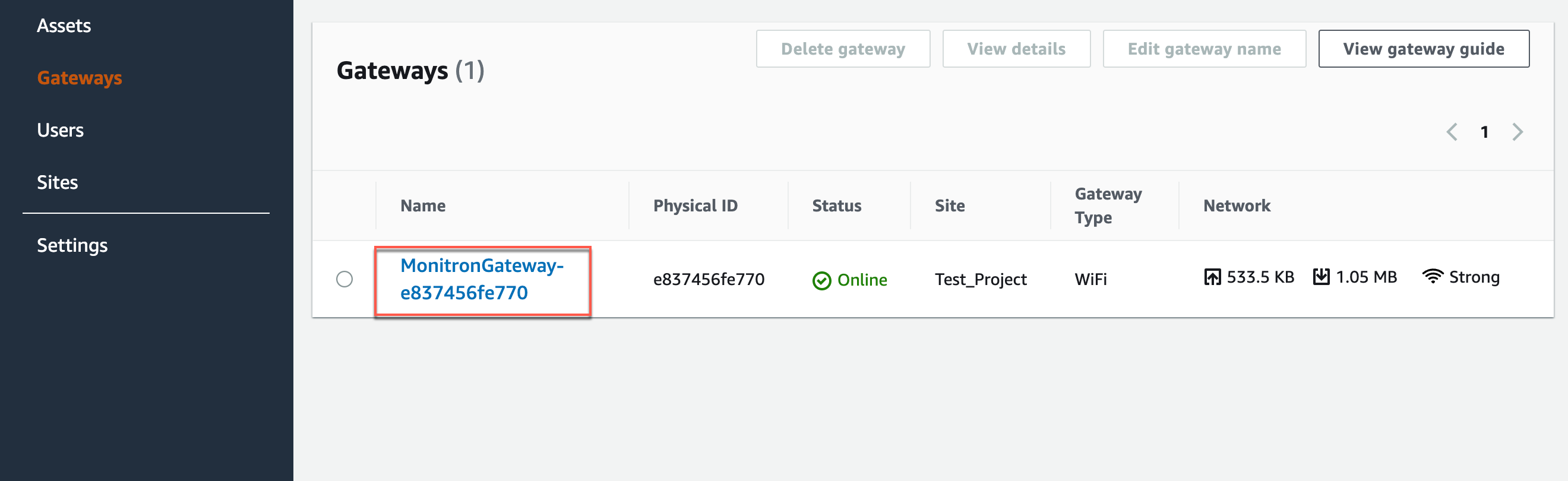 Nome del gateway MonitronGateway -e837456fe770 selezionato nell'elenco dei gateway.