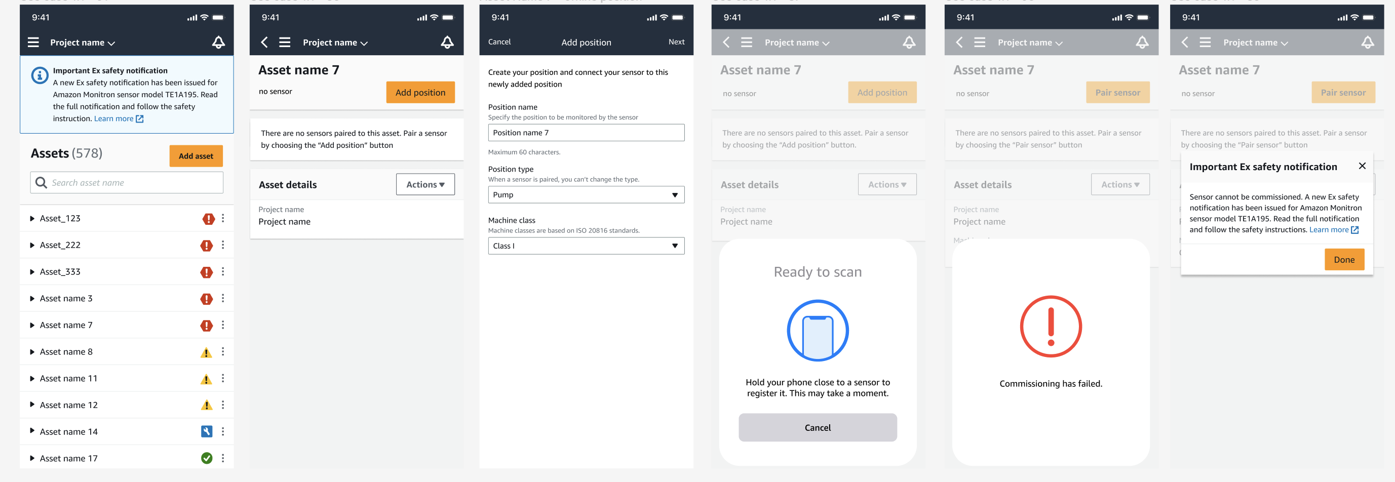 Schermate delle app per dispositivi mobili che mostrano l'errore di messa in servizio con notifica di errore e icona di avviso.
