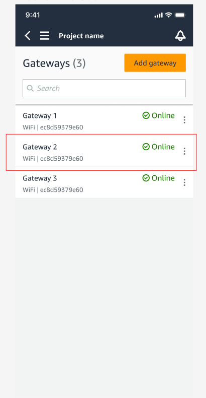 Gateway 2 selezionato da un elenco di tre gateway, ognuno dei quali mostra il WiFi tipo e lo stato online.